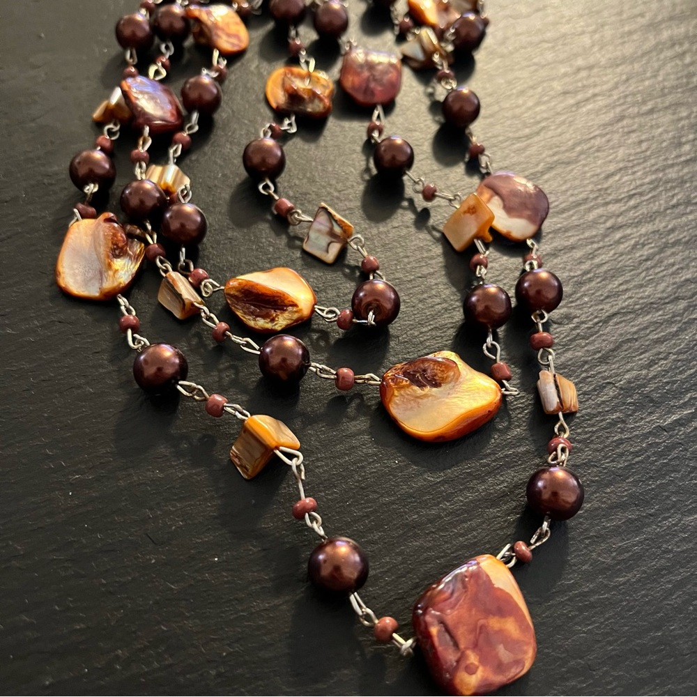 Chocolate Brown Ivory Mother-of-Pearl Nacre Chips Shell Bead Extra Long Necklace